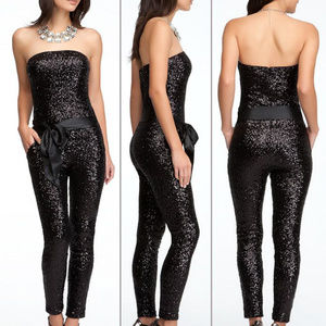 💋 BEBE bebe strapless black sequin jumpsuit medium RARE 💋